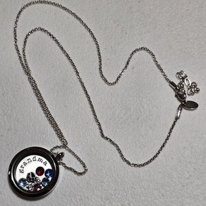 Origami Owl Grandma locket w/ 7 charms long silver tone necklace signed